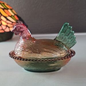 Glass Hen on Nest Decorative Dish - Iridescent Green, Amber, and Pink
